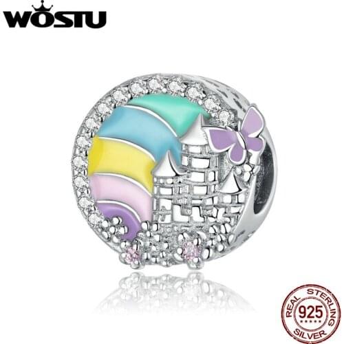 Wostu Plated Rainbow Castle Charm fit Original Bracelets & Bangle 925 Sterling CZ Silver Fine Jewelry SCC1585