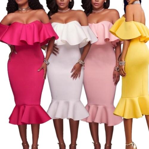 Flounce Dress Frill Ruffle Hem Sukienka Sexy Party Midi Elegant Dress Off Shoulder Women Evening Formal Dress Occasion Special