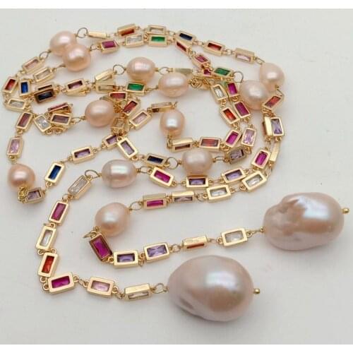 YYGEM 50" Cultured Pink Nucleated Flameball Baroque Pearl Mixed Color Rectangle Cz Pave sweater chain Long Chain Necklace