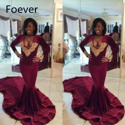 Special occasions dress Long Sleeve gold Burgundy Mermaid Prom Dress 2019 Backless Velvet Evening Gown with Train Vestido Longo