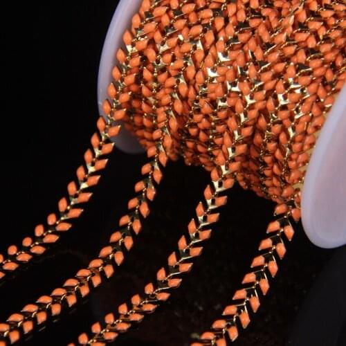 Plated Gold Orange Enamel Arrow Shape Beaded Rosary Chains,Lampwork Glass Chevron Crafts Link Copper Chain Necklace Jewelry Bulk