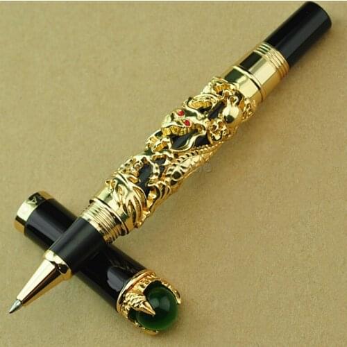 Jinhao Business Dragon King Rollerball Pen , Metal Embossing Green Jewelry on Top, Golden Drawing For Writing Accessories Pens