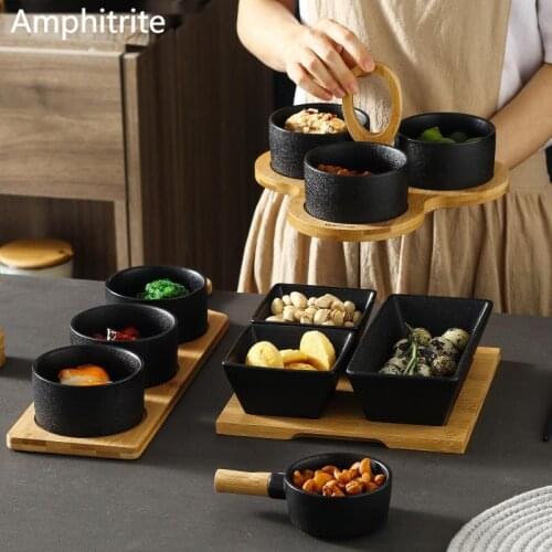 Style Ceramic Fosco Black Plate Seasoning Taste The Household Dish Divided Grill Of Dried Fruit Bowl Wooden Utensils Tableware