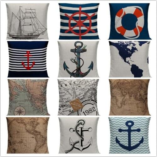 Vintage cushion covers Marine Style Hand Painted Ship Almofadas 45Cmx45Cm Square Home Decor 1 Side Printing Outdoor Pillows