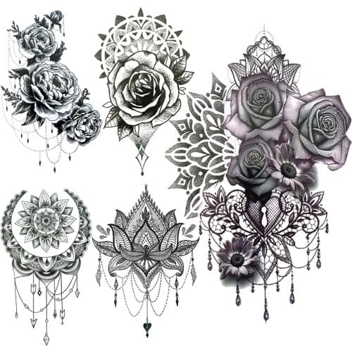 Rose Camellia Temporary Tattoos For Women Female Mandala Henna Flower Tattoo Sticker Back Arm Fake Jewelry Pendants Tatoo Chains