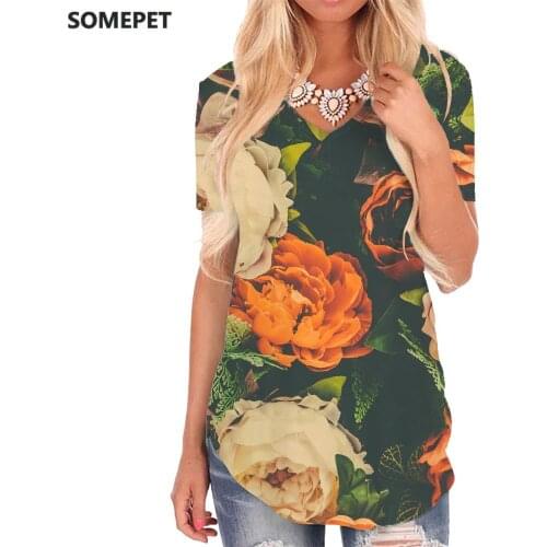 SOMEPET Colorful T-shirt women Flowers Tshirts Printed Leaf V-neck Tshirt Art Shirt Print Womens Clothing Hip hop Loose Style