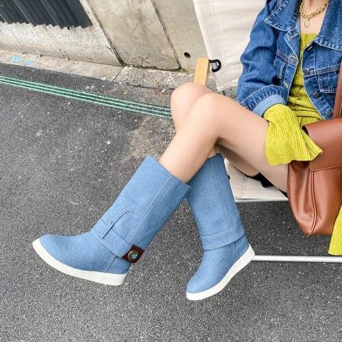 Womens Pointed Toe Denim Jeans Belt Ankle Boots Side Zipper Wedge High Heel Warm Punk Motorcycle Winter Shoes 3Colors