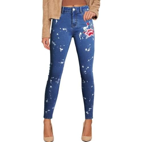 Women Roses Embroidery Jeans With High Waist Plus Size Tight Pencils Blue Denim Pants Skinny Casual Fashion Jeans Ffor Girls