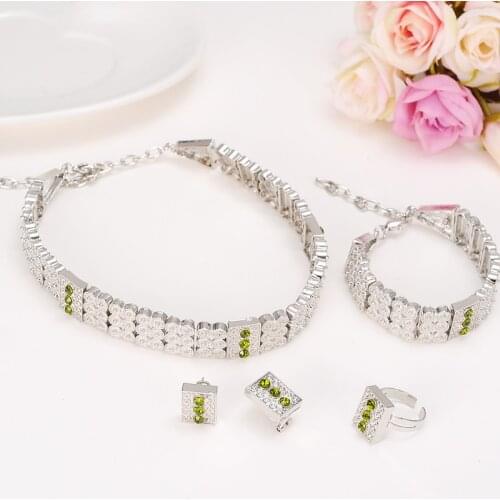 Women NEW Full Ethiopian jewelry White neck chain necklace bracelet earring ring sets 24k White Gold GF CZ Green Blue Red