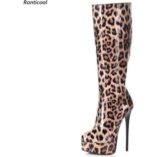 Ronticool Women Winter Knee High Boots Side Zipper Stiletto High Heels Round Toe 3 Colors Leopard Party Shoes Plus US Size 5-20