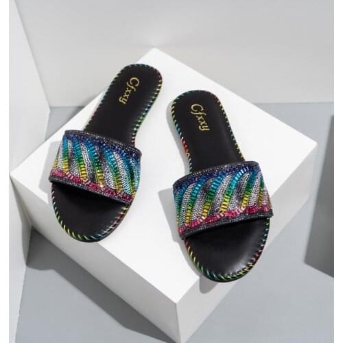 Womens Slippers for Holidayt 2021 Summer Color Diamond Rhinestone Flat Outdoor Casual Shoes Woman Elegant Ladies Party Slides