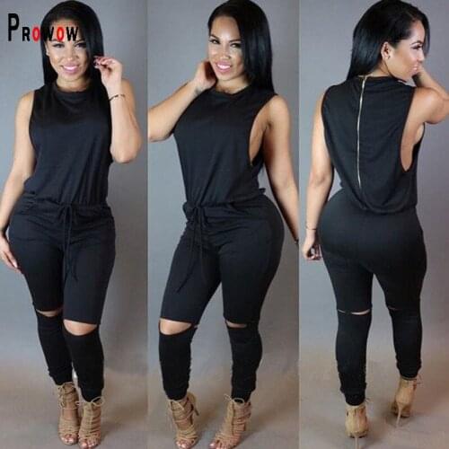 Prowow Summer Sleeveless Women Jumpsuits Broken Hole Zipper Streetwear Female Outfits 2021 New Solid Color O-neck Romper