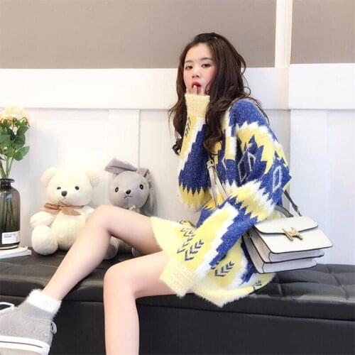 Midi Length Loose Sweater Women 2020 New Autumn Winter Korean Print Pullover Sweater Female Jumpers Holiday Sweet Knitwear