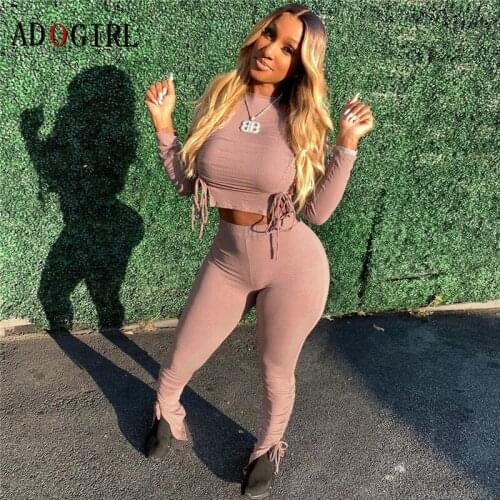 Adogirl Women Two Piece Outfits Knitted Tracksuit Sexy Long Sleeve Crop Top + Slit Leggings Outfits Jogging Femme Fitness Set