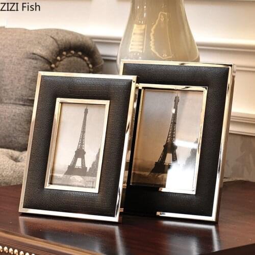 6/7 Inch Black Leather Photo Frame Family Portrait Nightstand Desk Decoration Ornaments Metal Picture Frames Home Decor Modern
