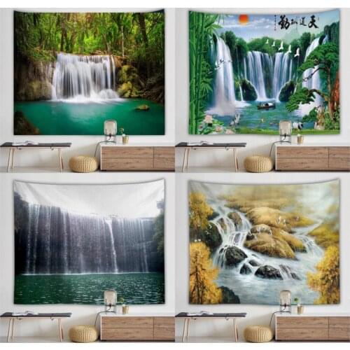 Forest Stream Tapestry 3D Beach Towel Waterfall Landscape Beautiful Painting Wall Carpet Yoga Mat Home Decor Tapestry Tablecloth