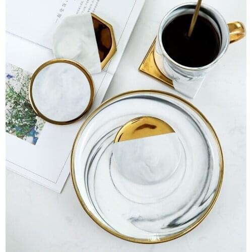 Nordic Style Marbled Coaster Insulation Pad Ceramic Coaster Mat Table Cushion Elegant Gold-plated Edge Tea Pad Shooting Props