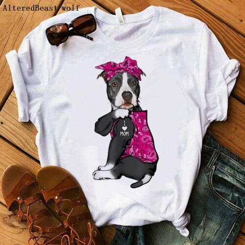 2021 Pit Bull Mom Tshirt Women Summer Harajuku I Love Mom Bandana Print T-shirt Funny Short Sleeve dog T Shirt Clothes