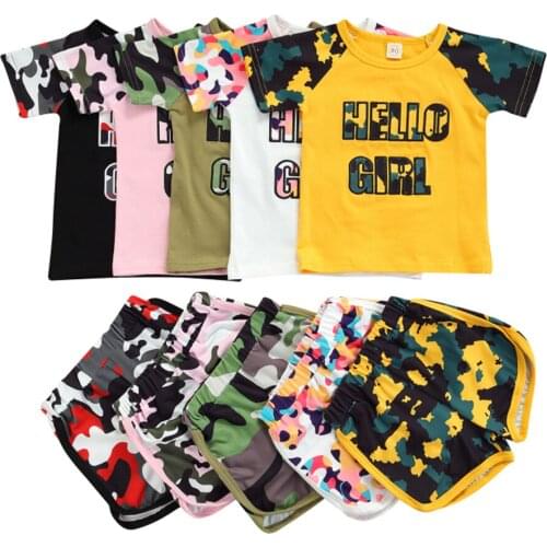 Summer Tracksuits Toddler Kid Baby Girls Fashion Clothes Sets Camouflage Letters Short Sleeve Patchwork Tops Shorts Outfits 2pcs