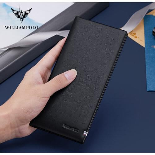 WilliamPOLO Genuine Leather Mens Wallet RFID Blocking Long Purse Coin Case Passport Cover Wallets For Men Credit Card Holder