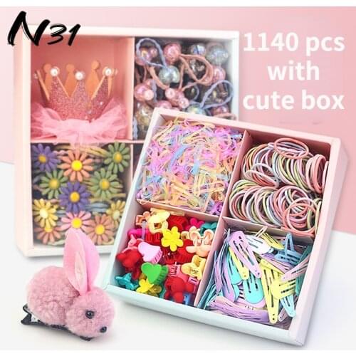 Childrens Hairpin Set Candy Color Hair Clips Elastic Rubber Bands 1140pcs Box Cartoon Hair Accessories Small Headrope Headdress