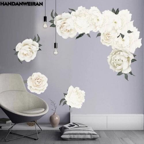 1PCS 3D Peony Rose Flowers Wall Stickers White Vintage Wallpaper For Bedroom Living Room Decals Mural Home Decor Kid Girls Gift