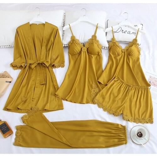 5PCS Robe Set Sexy Sleepwear Kimono Bathrobe Gown Women Satin Nightwear Nightgown Casual Nightdress Silky Home Clothes Homewear