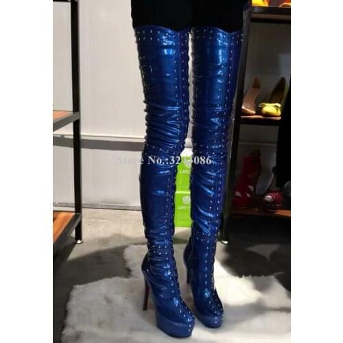 Sexy Blue Rivets Platform Women Long Boots Fashion Thin Heels Thigh High Boots Lady New Over the Knee Motorcycle Boots