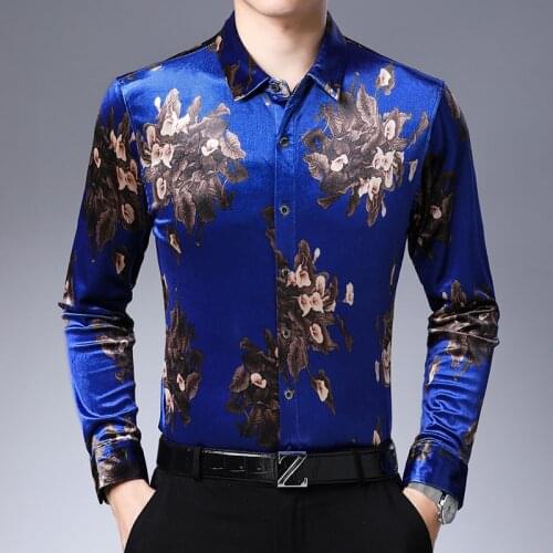 Velvet Shirts Mens Flowers Printed Silk Shirts Mens Royal Blue Plus Size Mens Shirts Large Size Clothing 2021 Velor Social Club