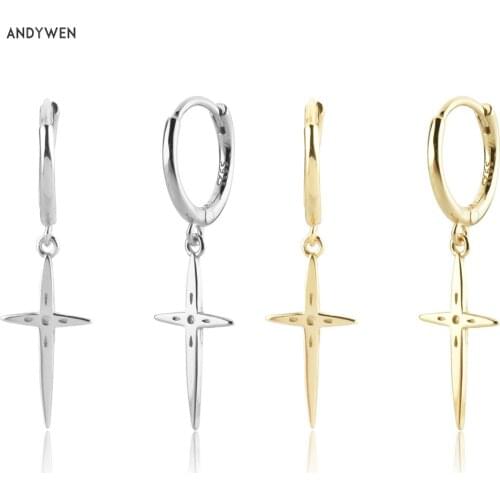 ANDYWEN 925 Sterling Silver Gold Plain Cross Piercing 9.5mm Drop Earring luxury Jewelry Gift For Women Rock Punk Fine Jewelry