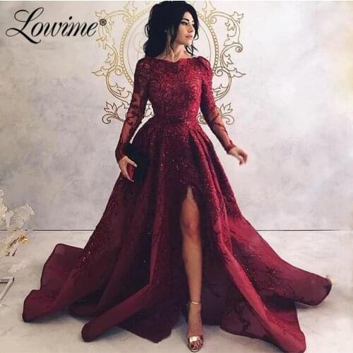 Burgundy Evening Dresses Saudi Arabia Middle East Women Party Gown 2020 Long Sleeves Prom Dress Girl Muslim Turkish Formal Dress