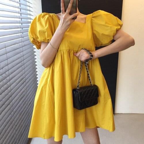 Yellow Slim Square Collar Looses Puff Sleeve Solid A-LINE Shirring Above Knee, Mini Summer Dresses Women X467
