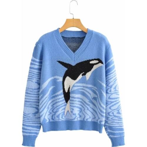 Korean Winter Fashion Warm Sweater Women Casual Chest Before Dolphin Print V-Neck Knitted Pullover Female Long Sleeves Jumpers
