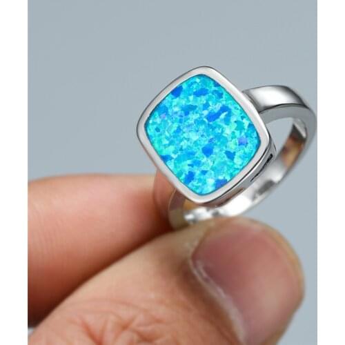 Geometric Blue White Fire Opal Ring Luxury Female Big Square Stone Ring Vintage Silver Color Wedding Engagement Rings For Women