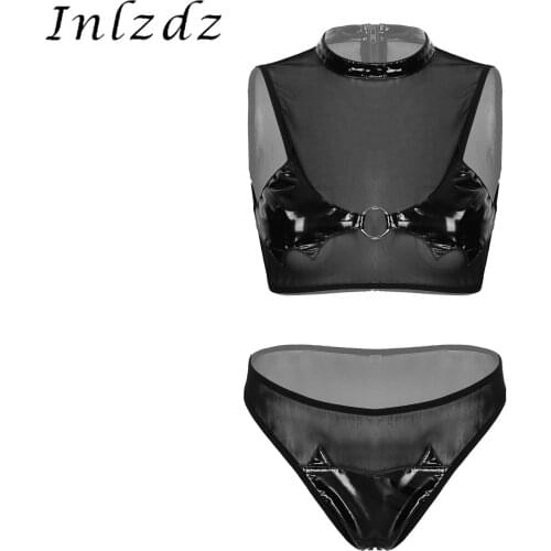 Womens Lingerie Suit See-through Mesh Patent Leather Patchwork Role Play Hot Sexy Costume Mock Neck Sleeveless Tops with Briefs