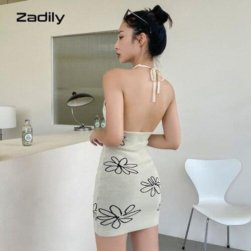 Zadily 2021 Autumn Y2K Knit Backless Halter Bodycon Floral Dress Women Sexy Sleeveless Female Mini Dresses Party Club Clothing