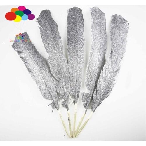 50pcs 100% natural turkey back feather flat head dyed silver giltter 30-35cm/12-14inch beautiful for Diy costume mask headdress