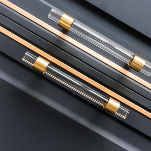 Acrylic + Brass Long Handle Modern Wardrobe Cabinet Door Handle Transparent Drawer Pulls T Bar Knobs Decor Furniture Hardware