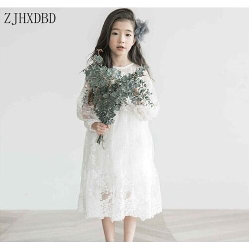 White Princess Girls Dress Long Sleeve Spring Dresses Flower Party Gown Children Birthday Clothing Lace Dress for 4-16T Vestidos