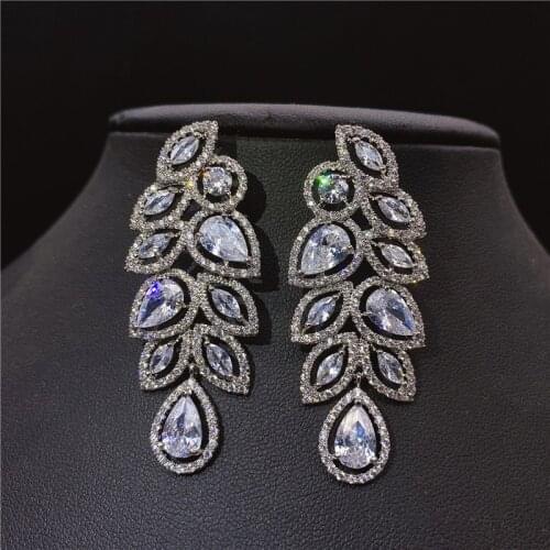 Shiny Hollow Cut White Cubic Zirconia Vintage Water Drop Long Leaf Hanging Earrings for Women Wedding Custume Jewelry 2020