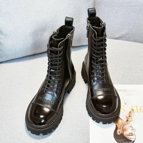 Black Cowhide Leather Ankle Boots Women Autumn Winter Round Toe Lace Up Shoes Woman Fashion Motorcycle Platform Botas