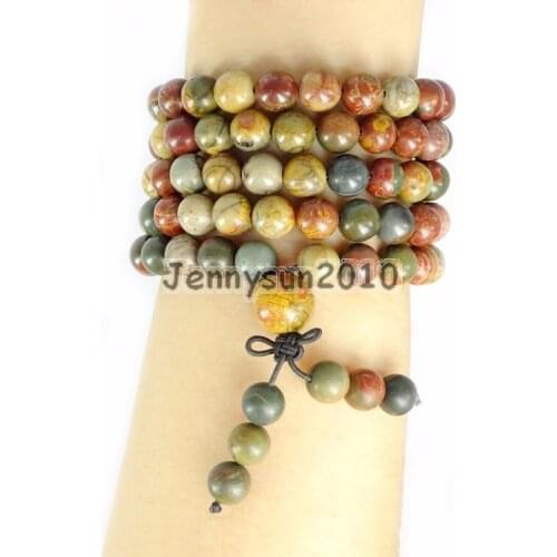 Natural Picasso Jas-per 8mm Gem Stone Buddhist 108 Beads Prayer Mala Multi-Purpose Stretchy Bracelet Necklace 2Strands/Pack