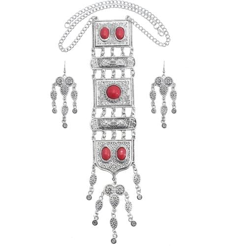 Gypsy Vintage Silver Color Metal Geometric Pendant Necklaces & Earrings Set for Women Boho Red Blue Stone Tribal Jewelry Sets