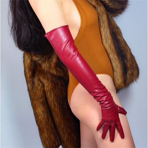 Long Leather Gloves 60cm Long Section Emulation Leather Imitation Sheepskin PU Dark Wine Red Dark Red Female Gloves PU130