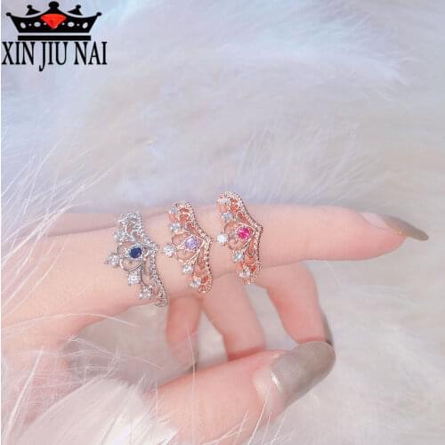 Europe and the United States creative minimalist diamond ladies ring crown shape amethyst sapphireruby 18k rose gold ring 925