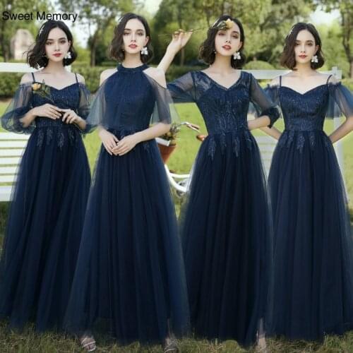 H20108 Sweet Memory Halter Dark Navy Blue Bridesmaid Dresses Long Sleeve Formal Prom Gowns Wedding Party Vestidos For Women 2021