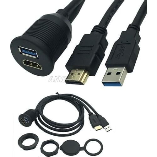 HDMI USB3.0 Waterproof Panel Mount Male to Female Extension Cable 1M For Truck Boat Motocycle Dashboard Flush 2M