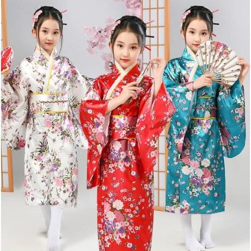Children Kimono Traditional Japanese Style Peacock Yukata Dress for Girl Kid Cosplay Japan Haori Costume Asian Clothes