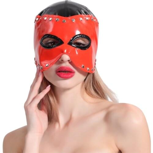 BDSM Fetish Slave Latex Bondage Hood Faux Leather Restrict Sex Headgear Accessories Erotic Sex Tool for Women Red and Black Mask