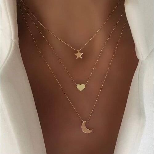 2020 Multilayer Moon Star Heart Pendant Necklace For Women Girls Gold Color Statement bead Necklace collier femme collar chocker